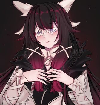 1girl absurdres black_background black_hair black_nails blue_eyes closed_mouth coat columbina_(genshin_impact) commentary eye_mask fatui_coat fingernails fur-trimmed_coat fur_trim genshin_impact gradient_hair hair_ornament head_wings highres long_hair looking_at_viewer mask multicolored_hair multiple_wings nail_polish own_hands_together purple_hair rosheil smile solo upper_body white_coat white_mask white_wings wings x_hair_ornament