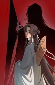 Rule 34 | 2boys, absurdres, adam's apple, backlighting, bandaged neck, bandages, black background, black nails, black theme, braid, brown hair, chiaroscuro, chinstrap, chinese clothes, choppy bangs, closed mouth, curtain grab, curtained hair, curtains, eyelashes, faceless, faceless male, facing viewer, fingernails, gradient background, hair bun, hair over shoulder, hand up, hanfu, hat, head tilt, height difference, highres, hua cheng, light blush, light smile, limited palette, lips, long eyelashes, long hair, long sidelocks, looking afar, male focus, multiple boys, pale skin, parted bangs, pnj, puffy lips, red background, red theme, rice hat, sharp fingernails, side braid, sidelighting, sidelocks, silhouette, simple background, single braid, single hair bun, solo focus, standing, straight hair, string, string around finger, string of fate, tianguan cifu, unworn hat, unworn headwear, upper body, very long hair, white hanfu, white theme, wide sleeves, xie lian, yellow eyes