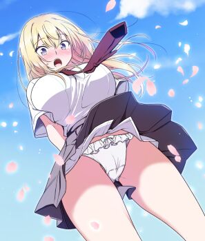 1girl blonde_hair blue_eyes blue_sky blush bow bow_panties breasts clothes_lift commentary_request cowboy_shot crotch_seam day double-parted_bangs falling_petals floating_hair frilled_panties frills from_below grey_skirt huge_breasts long_hair looking_at_viewer looking_down miniskirt mori_marimo necktie nose_blush open_mouth original outdoors panties pantyshot petals pleated_skirt red_necktie school_uniform shirt shirt_tucked_in short_sleeves skirt skirt_lift sky solo standing summer_uniform surprised sweat underwear upskirt white_panties white_shirt wind wind_lift