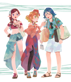 1boy 2girls absurdres bare_shoulders blue_hair bracelet crop_top cup earrings freyja_wion green_eyes hawaiian_shirt hayate_immelmann highres holding holding_cup jewelry macross macross_delta md5_mismatch mirage_farina_jenius multiple_girls necklace orange_hair pointy_ears purple_hair ro_(tuyu_416) shirt shorts skirt smile sweatdrop