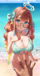 Rule 34 | 1boy, 1girl, absurdres, bare shoulders, beach, bikini, bikini top only, blonde hair, blue archive, blue eyes, blue sky, blurry, blurry foreground, blush, bottomless, bow, braid, breasts, cleavage, closed mouth, convenient censoring, convenient hand, day, gingham, gingham bikini, glasses, gradient hair, green bikini, hair bow, hair ornament, hairclip, halo, highres, large breasts, long hair, looking at viewer, multicolored hair, ocean, orange hair, outdoors, pov, pov hands, sensei (blue archive), shimiko (blue archive), sidelocks, sky, smile, solo focus, swimsuit, tansui san (tcjp4784), thighhighs, twin braids, very long hair, wardrobe malfunction, water, wet, wet hair, white thighhighs