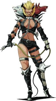 Rule 34 | 1girl, absurdres, animal head, armor, black gloves, black shorts, breasts, chain, chain between breasts, collar, colored sclera, covered erect nipples, demon (megami tensei), gloves, hecate (megami tensei), highres, holding, holding whip, kazuma kaneko, midriff, multiple heads, official art, open mouth, pauldrons, poleyn, red sclera, scan, sharp teeth, shin megami tensei, shin megami tensei ii, shorts, shoulder armor, simple background, solo, spiked pauldrons, spiked poleyn, spikes, standing, teeth, third-party source, tongue, tongue out, transparent background, whip, white eyes, yellow eyes