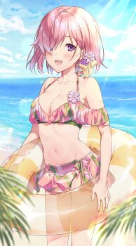 Rule 34 | 1girl, alternate costume, armpit peek, artist name, bare shoulders, beach, bikini, bikini skirt, blue sky, blush, bow, breasts, buoy, checkered bikini, checkered clothes, cleavage, cloud, cloudy sky, collarbone, commentary, cowboy shot, day, eyelashes, fate/grand order, fate (series), female focus, flower, flower bikini, frilled bikini, frills, groin, hair bow, hair flower, hair ornament, hair over one eye, halterneck, highres, holding, holding swim ring, horizon, innertube, kuroki (ma-na-tu), lens flare, light purple hair, looking at viewer, lower teeth only, mash kyrielight, medium breasts, miniskirt, navel, ocean, open mouth, outdoors, purple eyes, sand, short hair, skirt, sky, solo, spaghetti strap, strap, summer, sunlight, swim ring, swimsuit, teeth, water