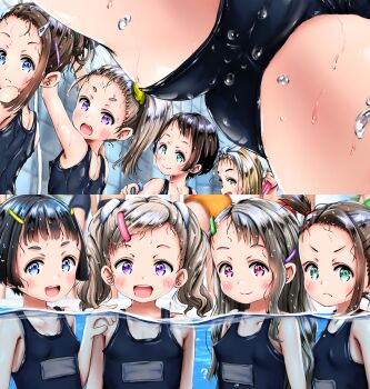 6+girls before_and_after black_hair blush cameltoe close-up competition_swimsuit flat_chest higeepon highres loli looking_at_viewer multiple_girls nipples one-piece_swimsuit partially_submerged pool school_swimsuit short_hair split_screen spying swimsuit tagme thighs third-party_edit underwater voyeurism wet
