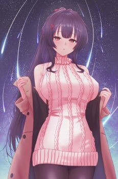 1girl :o absurdres agano_(azur_lane) agano_(dating_game?)_(azur_lane) aran_sweater arbiter1 azur_lane bare_shoulders black_hair black_pantyhose blush breasts brown_coat cable_knit coat commentary_request cowboy_shot dress flower_hairpin hair_ornament highres large_breasts long_hair long_sleeves looking_at_viewer night night_sky official_alternate_costume open_clothes open_coat outdoors pantyhose parted_lips ponytail red_eyes shooting_star sidelocks sky sleeveless sleeveless_sweater sleeveless_turtleneck solo star_(sky) sweater sweater_dress turtleneck turtleneck_sweater