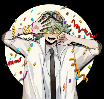 Rule 34 | 1boy, black necktie, blush, bracelet, coat, collared shirt, confetti, goggles, goggles on head, green eyes, green hair, hair between eyes, highres, jewelry, jisei (pixiv 106451619), kemono jihen, male focus, necktie, open mouth, shirt, short hair, solo, teeth, tsunamayo watanabe, upper body