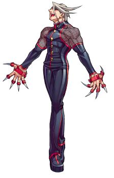 1boy absurdres black_bodysuit black_eyes blonde_hair bodysuit buttons claws detached_sleeves edaki_shin&#039;ya full_body game_cg high_collar highres justice_gakuen kirishima_kurow laughing male_focus mesh moero!_justice_gakuen muscular muscular_male non-web_source official_art outline outstretched_hand red_outline short_hair simple_background sleeveless solo standing teeth upper_teeth_only veins veiny_arms white_background