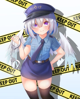 &gt;:) 1girl alternate_costume amane_kanata belt black_thighhighs blue_hair blue_hat blue_necktie blue_shirt blue_skirt breast_pocket brown_belt buttons caution_tape collared_shirt colored_inner_hair cuffs eyes_visible_through_hair feathered_wings grey_hair hair_between_eyes handcuffs hat high-waist_skirt highres holding holding_handcuffs hololive hoshino_reiji light_blush looking_at_viewer medium_hair multicolored_hair necktie peaked_cap pencil_skirt pink_hair pocket police purple_eyes shadow shirt shirt_tucked_in skirt solo streaked_hair thighhighs v-shaped_eyebrows virtual_youtuber white_background white_wings wings