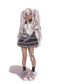 1girl arms_at_sides belt black_choker black_socks bra_strap choker closed_mouth commentary dark-skinned_female dark_skin ear_piercing expressionless frilled_skirt frills full_body grey_skirt hair_ornament hairclip highres long_hair looking_at_viewer miniskirt naruto_maki_(naruto05) off-shoulder_shirt off_shoulder original piercing pigeon-toed purple_eyes shirt shoes simple_background single_bare_shoulder skirt socks solo standing torn_clothes torn_shirt twintails white_arm_warmers white_background white_hair white_shirt white_shoes