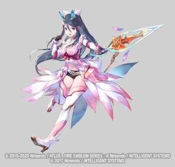 1girl azu-taro belt belt_buckle black_shorts blue_eyes blue_hair boots breasts buckle caeda_(fire_emblem) choker cleavage fire_emblem fire_emblem_heroes full_body gloves grey_background helmet high_heel_boots high_heels large_breasts long_hair midriff navel nintendo official_art one_eye_closed open_mouth oribe_tsubasa polearm ponytail short_shorts shorts sparkle spear thigh_boots thighhighs tokyo_mirage_sessions_fe weapon