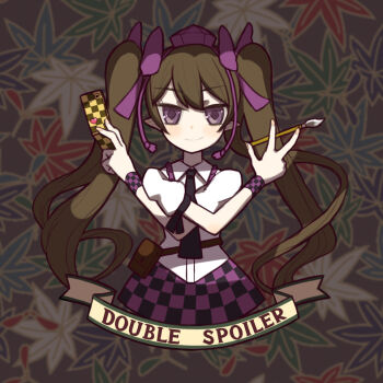 1girl blush brown_hair brush cellphone crossed_arms double_spoiler female_focus hat himekaidou_hatate long_hair necktie phone pointy_ears puffy_sleeves purple_eyes short_sleeves smile solo square-end_necktie tank_(artist) tokin_hat touhou twintails very_long_hair wristband