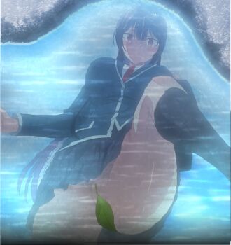 1girl anime_screenshot black_socks blazer breasts convenient_censoring haite_kudasai_takamine-san highres jacket large_breasts leaf leaf_censor long_hair no_panties puddle purple_hair pussy pussy_peek red_eyes reflection reflective_liquid school_uniform sexually_suggestive skirt socks stitched takamine_takane third-party_edit water