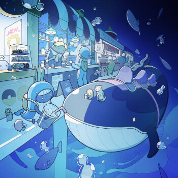 1girl absurdres air_bubble backpack bag black_cat blonde_hair bow bowtie bubble cafe calico_(pattern) calico_cat cat chef_hat coffee coffee_mug coffee_pot crossed_arms cup donut donut_shop fish food food_art fork hachimaki hat headband highres holding holding_cup holding_fork mug nejiri_hachimaki noodles original plant pon_de_ring potted_plant ramen ramen_stand riding riding_animal riding_fish tako-san_wiener tti_design whale whale_costume whale_hat