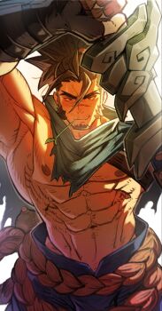 1boy 2xko abs arm_up bara belt black_gloves blue_pants brown_eyes brown_hair commentary_request cowboy_shot facial_hair fingerless_gloves fingernails forked_eyebrows gloves goatee highres holding holding_sword holding_weapon league_of_legends looking_at_viewer male_focus mouth_hold navel nipples pants pectorals rope_belt scarf smirk solo stalk_in_mouth standing sword toshun_(momotoshi) weapon white_background yasuo_(league_of_legends)