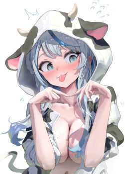 ! 1girl :3 absurdres amagai_ruka animal_ears animal_print blue_eyes blue_hair blush braid breasts collarbone commentary_request cosplay cow_ears cow_print cow_tail grey_hair highres kigurumi large_breasts mole mole_on_breast multicolored_hair open_clothes remi_(rem67763852) simple_background tail tongue tongue_out virtual_youtuber weather_planet