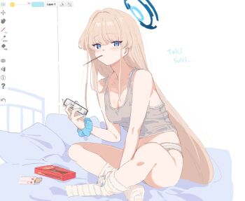 Rule 34 | 1girl, blonde hair, blue archive, blue eyes, blue halo, breasts, camisole, cleavage, food, food in mouth, full body, grey tank top, halo, holding, holding phone, indian style, light blush, long hair, looking at viewer, okimiyage (oitekuze kore), panties, phone, pocky, pocky in mouth, romaji text, scrunchie, simple background, sitting, socks, solo, tank top, toki (blue archive), underwear, white background, white camisole, white panties, wrist scrunchie
