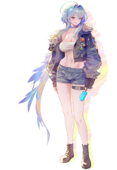 1girl alternate_costume bilingual_commentary black_flower blake_bloom_(wuthering_waves) boots breasts brown_boots cleavage commentary english_commentary feathered_wings flower food full_body fur-trimmed_jacket fur_trim galbrena_(wuthering_waves) gold_choker grey_hair hair_between_eyes highres holding holding_food holding_popsicle ina_(mikamixx) jacket korean_commentary large_breasts long_sleeves looking_at_viewer medium_hair mixed-language_commentary navel open_clothes open_jacket popsicle purple_eyes single_off_shoulder single_wing solo stomach strapless tube_top white_tube_top wings wuthering_waves