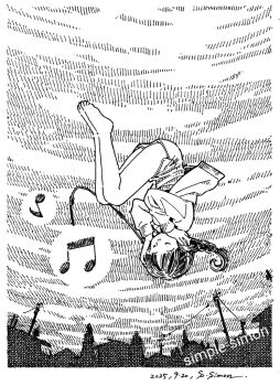 Rule 34 | 1girl, artist name, barefoot, beamed eighth notes, border, braid, closed eyes, closed mouth, commentary request, dated, eighth note, floating hair, full body, greyscale, hands on headphones, hands up, hatching (texture), headphones, jacket, linear hatching, listening to music, medium hair, monochrome, musical note, open clothes, open jacket, original, outdoors, power lines, short shorts, shorts, side slit, single braid, sky, smile, solo, speech bubble, spoken musical note, town, traditional media, upside-down, utility pole, white border, zpihr6jprso2r2l