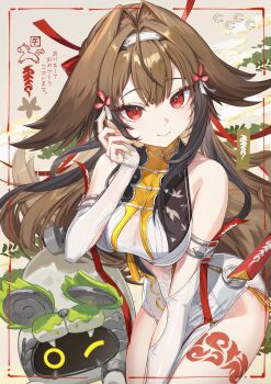 1girl absurdres animal_ears breasts brown_hair china_dress chinese_clothes closed_mouth commentary_request detached_sleeves dress floating_hair fox_ears fox_girl hand_up highres large_breasts long_hair long_sleeves red_eyes sleeveless sleeveless_dress smile solo white_dress ye_shunguang yu-ri_(arium047) zenless_zone_zero