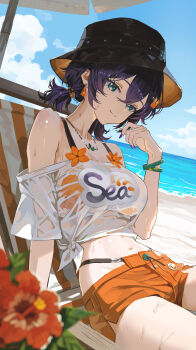 Rule 34 | 1girl, absurdres, beach, belle (summer skies) (zenless zone zero), belle (zenless zone zero), bikini, bikini top under shirt, bikini under clothes, black hat, blue sky, blurry, blush, breasts, bucket hat, chair, closed mouth, cloud, cloudy sky, commentary request, day, depth of field, hat, highres, large breasts, long hair, looking at viewer, lounge chair, low twintails, nanjo maya, navel, off-shoulder shirt, off shoulder, orange shorts, outdoors, see-through clothes, see-through shirt, shirt, short shorts, short twintails, shorts, sitting, sky, smile, solo, swimsuit, thighs, twintails, wet, white shirt, zenless zone zero