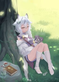 1girl absurdres against_tree animal animal_ears animal_on_head arm_at_side backlighting bird bird_on_head book boots braid closed_eyes commentary commission cup day dress drooling english_commentary eyelashes feet flower full_body glasses grass hair_intakes hair_ornament hairclip highres kensiejan kneehighs legs long_hair mouth_drool multicolored_hair no_shoes on_grass on_head open_mouth original outdoors parallel_hairclips rock round_eyewear shadow short_dress single_braid sleeping sleeveless sleeveless_dress socks solo streaked_hair tea teacup thighs toenails toes tree unworn_boots variant_set white_dress white_flower white_hair white_socks zzz