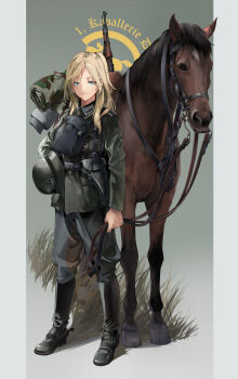 Rule 34 | 1girl, black pants, blonde hair, blue eyes, cavalry, combat helmet, green jacket, hat, helmet, highres, horse, jacket, military combat uniform, military uniform, neko (yanshoujie), original, pants, solo, stahlhelm, unworn hat, unworn headwear, wehrmacht, world war ii
