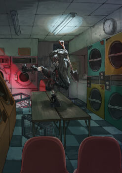 1boy arms_up black_boots black_shorts boots brown_hair ceiling ceiling_light chair checkered_floor clock covered_eyes fluorescent_lamp foot_up from_side hair_over_eyes holding holding_shovel hood hood_down hooded_jacket indoors jacket knee_boots koze_niire laundromat laundry_basket long_table mashiro_meme mashiro_meme_(3rd_costume) multicolored_hair nijisanji on_table open_clothes open_jacket open_mouth platform_boots platform_footwear profile red_hair short_hair shorts shovel solo standing standing_on_one_leg streaked_hair table tile_ceiling tiles trash_can two-handed virtual_youtuber wall_clock washing_machine wide_shot