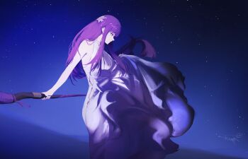 1girl absurdres dress evening_gown fern_(sousou_no_frieren) gown hair_ornament highres kumah_dessu long_hair mage_staff night purple_hair sky sousou_no_frieren staff staff_riding star_(sky) starry_sky white_gown wooden_staff