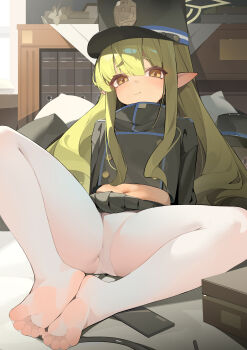 1girl absurdres black_hat black_jacket black_skirt black_tail blue_archive blue_jacket bookshelf buttons closed_mouth cropped_jacket demon_girl demon_tail dot_nose feet green_hair green_halo hair_between_eyes halo hat highres hikari_(blue_archive) indoors jacket knees_apart_feet_together loli long_hair long_sidelocks long_sleeves looking_at_viewer midriff_peek navel no_shoes on_bed panties panties_under_pantyhose pantyhose peaked_cap pleated_skirt pointy_ears sidelocks skirt soles solo sp_(8454) straight_hair tail thighs toes underwear v-shaped_eyebrows very_long_hair white_panties white_pantyhose yellow_eyes