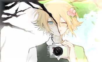 Rule 34 | 1boy, antenna hair, basil (faraway) (omori), basil (omori), blonde hair, blue eyes, blush, camera, closed mouth, collared shirt, commentary, double-parted bangs, flower, green sweater vest, hair between eyes, hair flower, hair ornament, hapr (noneprice), highres, holding, holding camera, looking at viewer, male focus, omori, one eye closed, open mouth, shirt, short hair, sidelocks, smile, solo, sweater vest, symbol-only commentary, upper body, white shirt