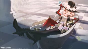 1girl absurdres animal animal_on_head arm_up banknote bare_shoulders bathtub between_fingers bird bird_on_head black_boots black_hat boots checkered_floor copyright_name copyright_notice dress elbow_gloves front_ponytail full_body gem gloves hat high_heels highres holding holding_gem in_bathtub logo long_hair looking_at_viewer money official_art official_wallpaper on_head pink_eyes pink_hair qiaoshou_(xinyue_tongxing) red_gloves red_thighhighs sack sleeveless sleeveless_dress smile solo star-shaped_pupils star_(symbol) symbol-shaped_pupils thighhighs top_hat white_bird white_dress xinyue_tongxing