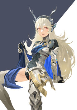 1girl absurdres android black_hairband black_panties blue_cape breasts cape cape_lift commentary dragon_girl dragon_horns female_corrin_(fate_dragon)_(fire_emblem) female_corrin_(fire_emblem) fire_emblem fire_emblem_fates fire_emblem_shadows grey_background hairband highres horns kucheat_zg looking_to_the_side mechanical_arms mechanical_hands mechanical_legs medium_breasts nintendo official_alternate_costume open_mouth panties pantyshot red_eyes robot_ears robot_girl smile solo thighs two-tone_background underwear white_background