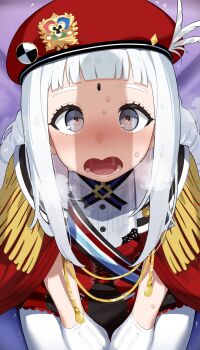 1boy 1girl absurdres beret blush commentary_request echika_y._franburnett epaulettes gloves grey_eyes hat heart heart-shaped_pupils hetero highres long_hair looking_at_viewer mizumizuni open_mouth penis_shadow pov red_hat super_robot_wars super_robot_wars_y sweat symbol-shaped_pupils white_gloves white_hair