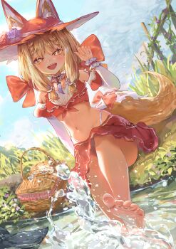 1girl :d absurdres alternate_costume animal_ears arknights arknights:_endfield barefoot bikini bikini_skirt blonde_hair braid commentary_request day fang feet hand_up hat highleg highleg_bikini highres long_hair low-tied_sidelocks navel nekoplanetouo open_mouth outdoors picnic_basket red_bikini red_hat rossi_(arknights) sidelocks sitting smile soles solo swimsuit tail teeth toes upper_teeth_only water wolf_ears wolf_girl wolf_tail yellow_eyes