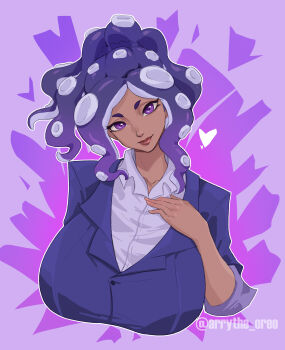 1girl absurdres artist_name blue_jacket breasts catboi_arry collared_shirt grey_shirt heart highres huge_breasts indie_virtual_youtuber jacket long_hair looking_at_viewer momma_occo nintendo octoling purple_background purple_eyes purple_hair shirt solo splatoon_(series) tentacle_hair upper_body virtual_youtuber