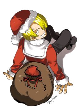 Rule 34 | 1boy, black pants, blonde hair, curly eyebrows, facial hair, goatee, hashtag-only commentary, hat, highres, looking back, male focus, mrjieshisu, one piece, pants, sack, sanji (one piece), santa hat, short hair, sitting, smile, solo, twitter username, white background