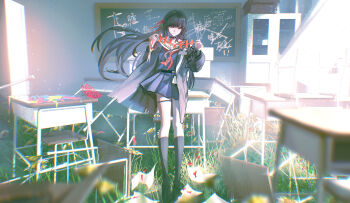 1girl absurdres black_choker black_hair black_jacket black_serafuku black_shirt black_skirt black_socks chisa_(wuthering_waves) choker closed_mouth commentary hair_ribbon highres indoors jacket long_hair long_sleeves minglu_(gululu) neckerchief red_eyes red_neckerchief red_ribbon ribbon sailor_collar school_uniform serafuku shirt skirt socks solo standing thigh_strap white_sailor_collar wind wuthering_waves