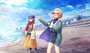 2girls :d amakusa_kotone arched_bangs beach belt black-framed_eyewear black_belt blue_skirt brown_eyes brown_hair cinderella_series cloud coat film_grain game_cg green_coat hachigatsu_no_cinderella_nine highres holding holding_kite holding_string jacket kite kite_string lens_flare light_particles light_rays long_hair long_sleeves looking_up multiple_girls non-web_source ocean official_art open_mouth orange_skirt outdoors power_lines purple_eyes red_scarf scarf short_hair skirt sky smile standing string sunbeam sunlight tree ukita_akane utility_pole white_jacket winter_clothes