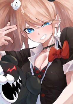 1girl amaruru0723 bear_hair_ornament black_shirt blonde_hair blue_eyes bow breasts cleavage collarbone danganronpa:_trigger_happy_havoc danganronpa_(series) enoshima_junko finger_gun finger_gun_to_head grin hair_ornament highres large_breasts long_hair looking_at_viewer monokuma nail_polish red_bow red_nails shirt smile teeth twintails