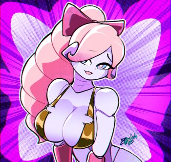 android artist_name bikini blue_eyes bow breasts cleavage drilled_hair eyebrows eyelashes hair_bow hair_over_one_eye highres large_breasts looking_at_viewer mechanical_arms open_mouth original pink_hair ponytail robot robot_ears robot_girl swimsuit three-toned_background zedrin