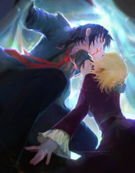1boy 1girl arm_around_neck blonde_hair blue_hair blue_jacket closed_eyes collarbone commentary_request couple frilled_sleeves frills grey_shirt gundam gundam_seed hair_between_eyes hand_in_another's_hair hand_on_another's_shoulder hetero highres inhouhou jacket jewelry kiss necklace necktie parted_lips red_jacket red_necktie shirt upper_body white_shirt