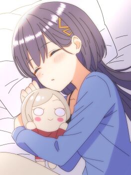 Rule 34 | 1girl, ^ ^, black hair, blue sweater, blush, blush stickers, ceras yanagida lilienfeld, ceras yanagida lilienfeld (sega lucky lottery sleepwear), character doll, closed eyes, closed mouth, commentary request, doll, grey hair, hair ornament, harusame (wm15 same), head on pillow, highres, jellyfish cut, katsuragi izumi, katsuragi izumi (winter loungewear), link! like! love live!, long hair, long sleeves, love live!, lying, nesoberi, on bed, on side, parted lips, pillow, sleeping, smile, solo, sweater, triangle hair ornament, upper body, virtual youtuber