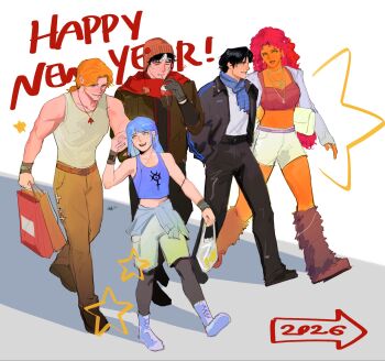 batman_(series) black_hair blue_eyes blue_hair brown_jacket dc_comics dick_grayson freckles hair_between_eyes highres jacket jason_todd lian_harper multicolored_hair muscular muscular_male open_clothes orange_hair red_hood_and_the_outlaws roy_harper rwheel0333 shirt short_hair simple_background starfire two-tone_hair white_hair