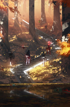 1boy absurdres asteroid_ill autumn autumn_leaves behind_tree character_request coat dappled_sunlight day facing_away falling_leaves fog forest gen_2_pokemon gen_8_pokemon highres leaf long_sleeves nature nintendo ogerpon orbeetle outdoors pants partially_submerged pokemon reflection reflective_water scenery scizor sentret stairs standing stone_lantern stone_stairs sunlight totodile tree water yanma