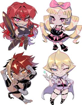 4girls ;&gt; alice_cotton bandaged_hand bandaged_leg bandages between_breasts black_dress black_pantyhose blonde_hair blue_eyes bow breasts cape chibi chibi_only cleavage_cutout clenched_teeth clothing_cutout collared_cape dress drill_hair earrings finne_catastrophe gauntlets gladiator_sandals hair_bow highres holding holding_sword holding_weapon jewelry large_breasts long_hair marl_barrock mary_landorott medium_breasts multicolored_hair multiple_girls necktie necktie_between_breasts orange_eyes pantyhose pelvic_curtain pink_bow purple_eyes red_hair red_necktie sandals sharp_teeth short_hair sideboob smile streaked_hair sword teeth tensei_colosseum:_saijaku_skill_de_saikyou_no_onna-tachi_wo_kouryaku_shite_dorei_harem_tsukurimasu twin_drills weapon white_background white_cape zunta