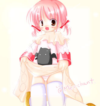 1girl 2000s_(style) blush brown_shoes character_name commentary_request deviruchi full_body kneeling koba-p long_sleeves merchant_(ragnarok_online) open_mouth orange_eyes panties pink_hair pink_shirt ragnarok_online shirt shoes short_hair short_twintails skirt skirt_basket smile solo thighhighs twintails underwear white_panties white_thighhighs yellow_skirt