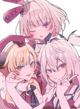 Rule 34 | 1boy, 2girls, bat hair ornament, blonde hair, braid, brown hair, colored inner hair, crossdressing, crossdressing (mtf), crown braid, fingerless gloves, genderswap, genderswap (mtf), gloves, green eyes, hair between eyes, hair ornament, half-heart hands, highres, kuzuha (nijisanji), long hair, looking at viewer, makaino ririmu, multicolored hair, multiple girls, nail polish, nijisanji, official alternate costume, one eye closed, rabbit ear hat, red eyes, red gloves, sanya (kuzuha), short hair, sleeves past wrists, smile, thi fure, tongue, tongue out, trap, two side up, upper body, uzuki kou, virtual youtuber, w, white hair