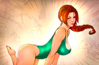 1girl ass barefoot braid breasts brown_eyes brown_hair feet female_focus green_one-piece_swimsuit lara_croft large_breasts light_smile long_hair looking_at_viewer map one-piece_swimsuit shiny_skin solo superboin swimsuit thick_thighs thighs tomb_raider very_long_hair