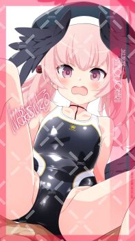 1girl artist_name black_one-piece_swimsuit black_wings blue_archive character_name competition_swimsuit feathered_wings feet_out_of_frame flat_chest head_wings highres inaba_shiki koharu_(blue_archive) loli long_hair looking_at_viewer low_wings m_legs multiple_views one-piece_swimsuit open_mouth pink_eyes pink_hair spread_legs straddling swimsuit twintails watermark watermark_grid wings