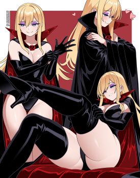 1girl absurdres ass black_boots black_cape black_gloves black_leotard blonde_hair blue_eyes blush boots breasts bright_pupils cape cleavage closed_mouth commentary deviantart_username doronjo dressing elbow_gloves english_commentary eyelashes eyeshadow gloves heart highres leg_up leotard long_hair makeup multiple_views nico-neko purple_eyeshadow sitting skull_ornament smile thick_thighs thighs twitter_username white_pupils yatterman